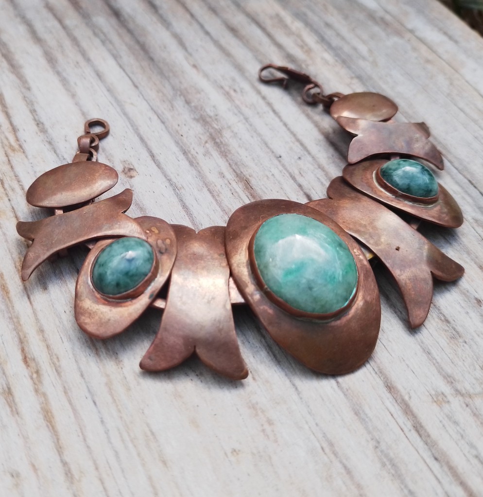 Copper and jade scale plate bracelet. Gorgeous punky chunky jewelry